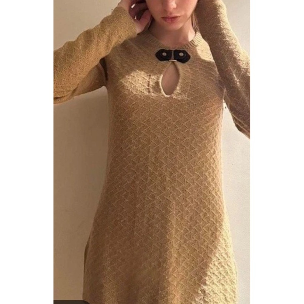 Tory Burch Knit Tunic Sweater Wmns S Tan Wool Alpaca Leather Keyhole Equestrian